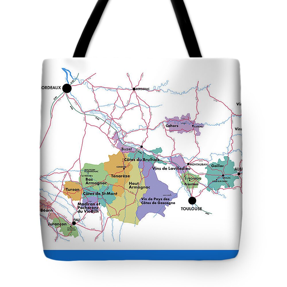 Cahors Tote Bag featuring the digital art Southwest France by Moore Brothers Wine Company