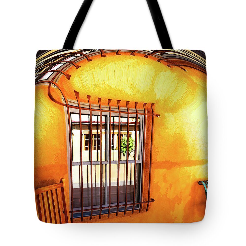 Porch Tote Bag featuring the digital art Southwestern porch distortion with puple floor by Susan Vineyard