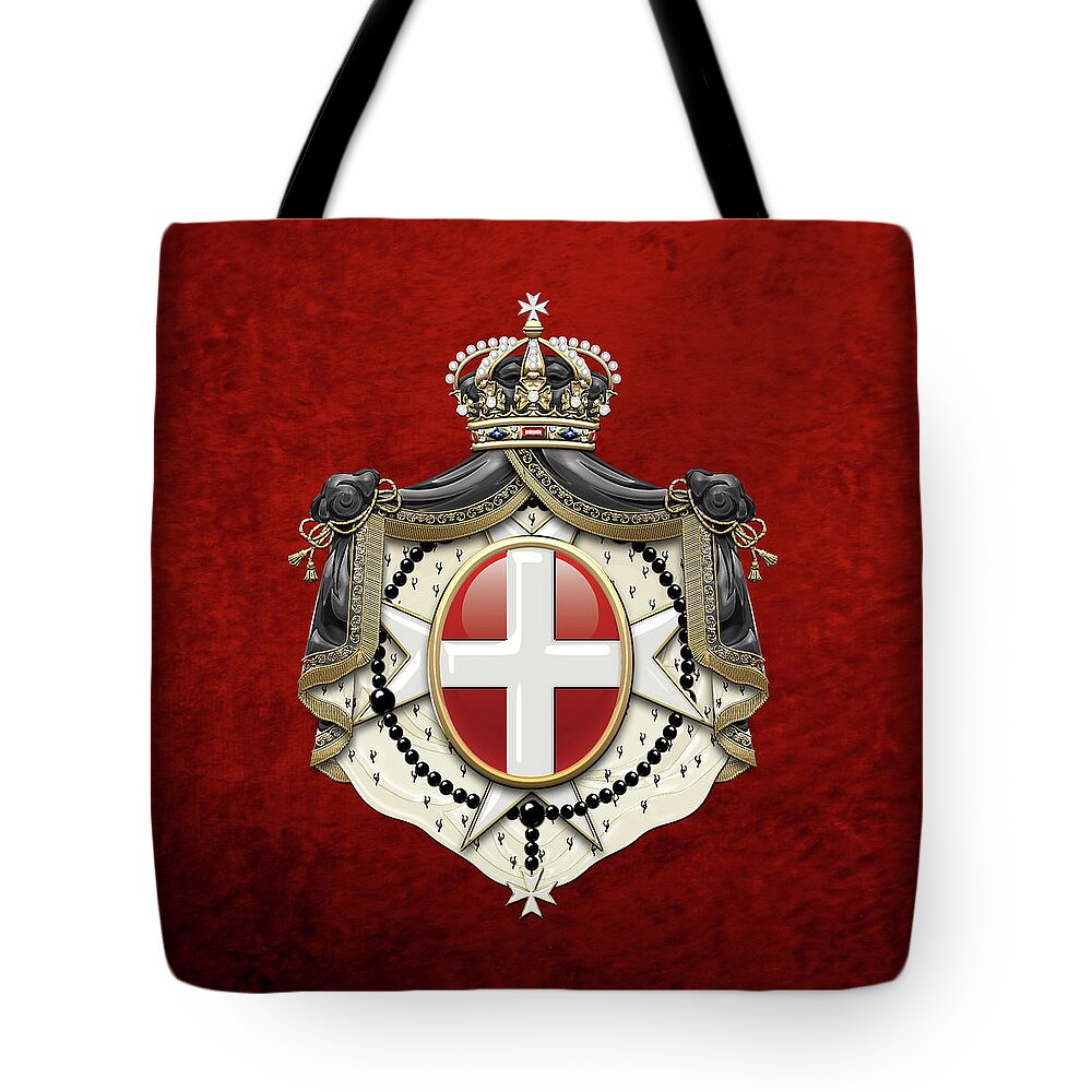 'ancient Brotherhoods' Collection By Serge Averbukh Tote Bag featuring the digital art Sovereign Military Order of Malta Coat of Arms over Red Velvet by Serge Averbukh