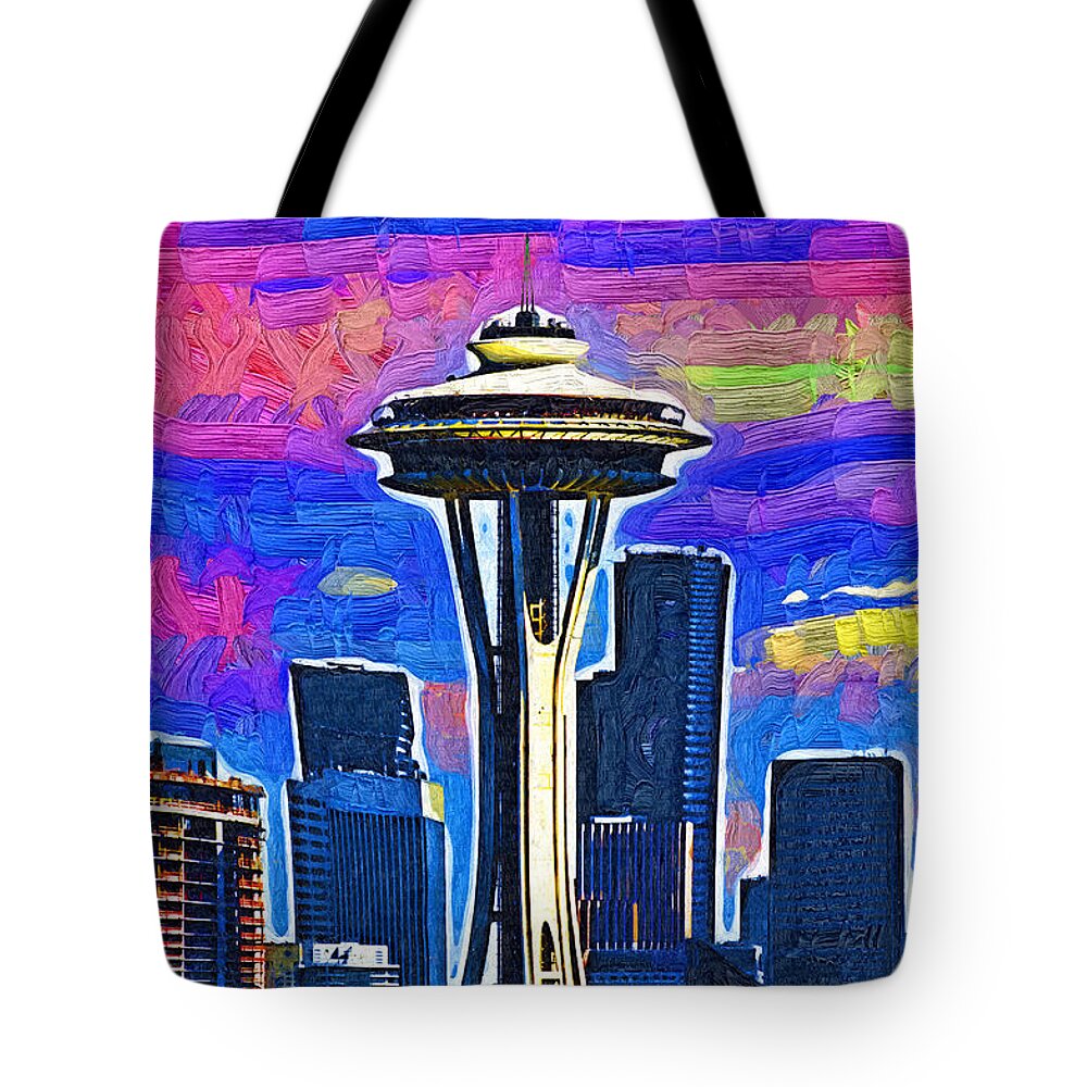 Space Needle Tote Bag featuring the digital art Space Needle Colorful Sky by Kirt Tisdale