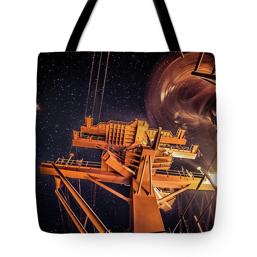 Navy Tote Bag featuring the photograph Space Tower by Larkin's Balcony Photography