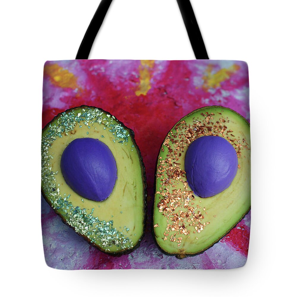 Spaceocados Space Avocado Tote Bag featuring the mixed media Spaceocados 1 by Judy Henninger