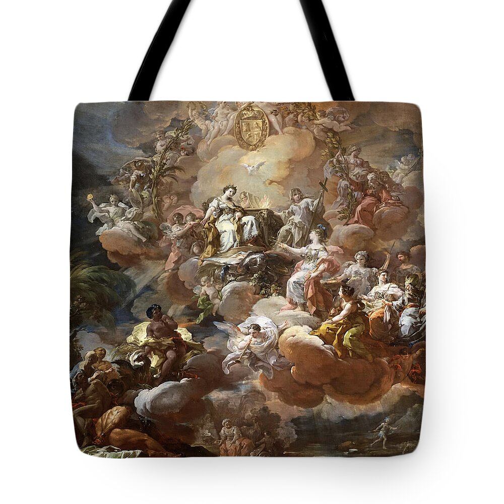 Corrado Giaquinto Tote Bag featuring the painting Spain Pays Homage to Religion and to the Church by Corrado Giaquinto