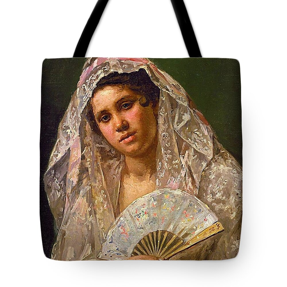 Mary Cassatt Tote Bag featuring the painting Spanish Dancer Wearing a Lace Mantilla by MotionAge Designs