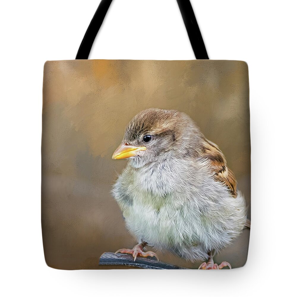 Fledgeling Tote Bag featuring the photograph Sparrow Fledgeling by Cathy Kovarik