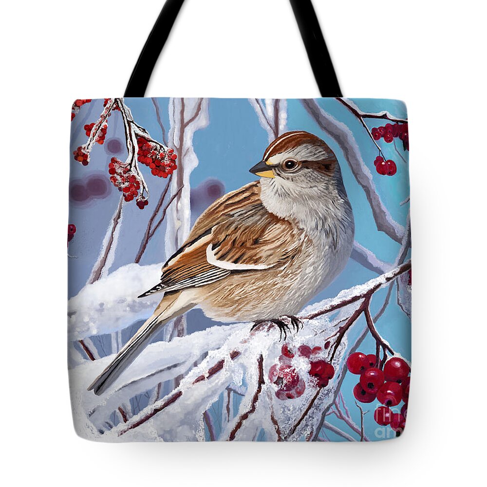 Sparrow Tote Bag featuring the painting Sparrow in Winter by Jackie Case