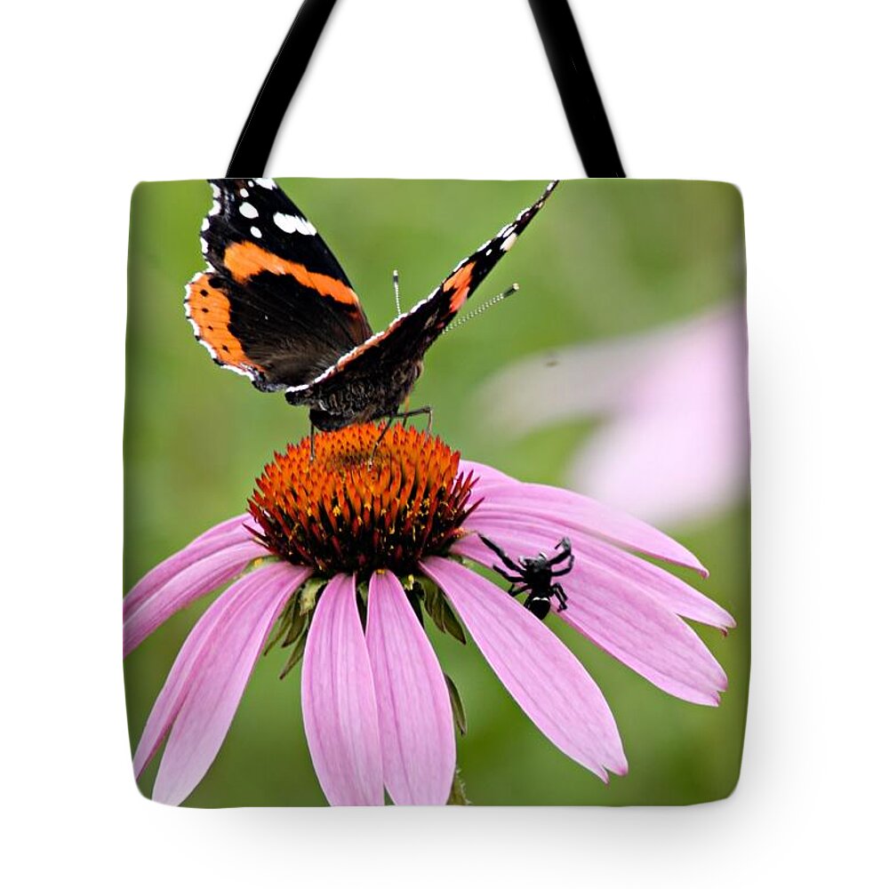 Photography Tote Bag featuring the photograph Spider and Butterfly on Cone Flower by Larry Ricker