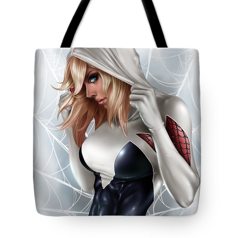 Pete Tapang Tote Bag featuring the painting Spider Gwen by Pete Tapang