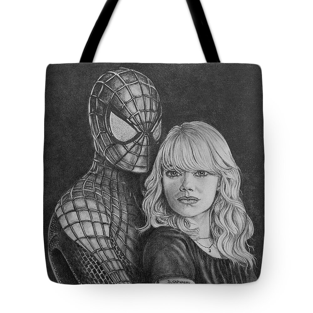 Pencil Tote Bag featuring the drawing Spidey and Gwen by Daniel Carvalho