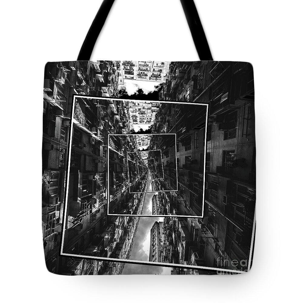Black And White Tote Bag featuring the digital art Spinning City by Phil Perkins