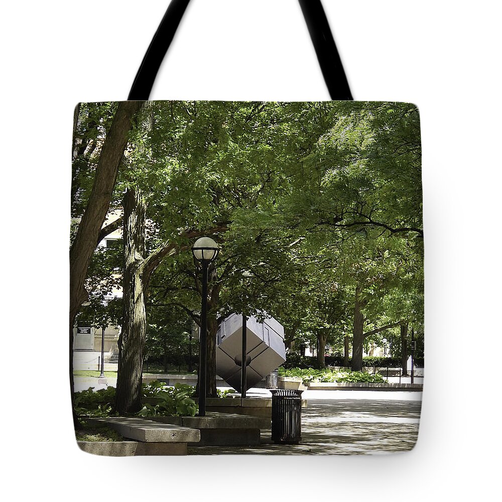 Ann Arbor Tote Bag featuring the photograph Spinning Cube On Campus by Phil Perkins