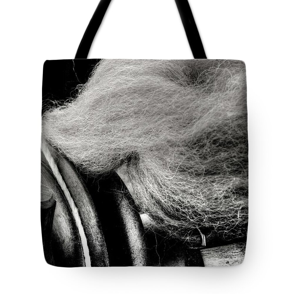 Fiber Arts Tote Bag featuring the photograph Spinning Wheel and Wool by Scott Carlton