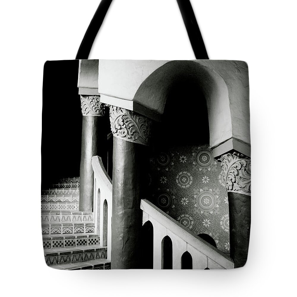 Stairs Tote Bag featuring the mixed media Spiral Stairs- Black and White Photo by Linda Woods by Linda Woods