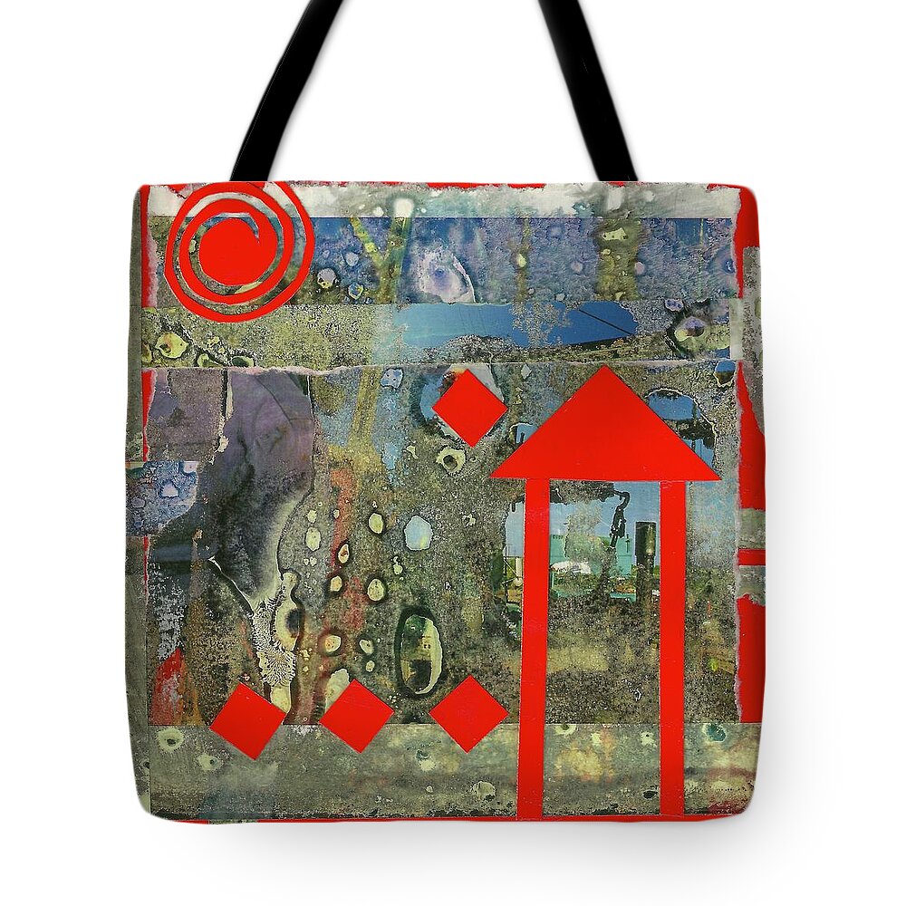 Coral & Blue Colors Tote Bag featuring the mixed media Spiraling Out of Control by Sandra Lee Scott