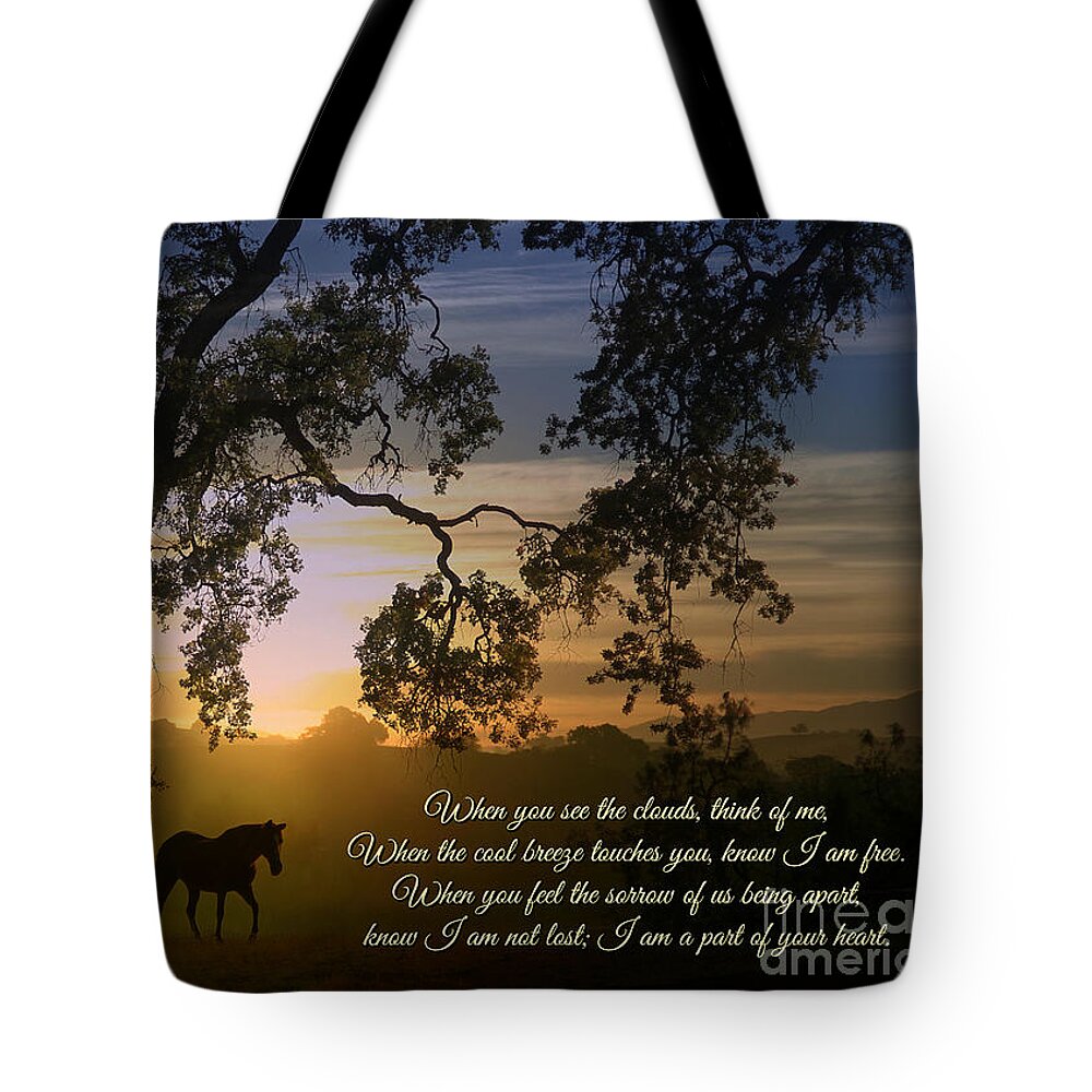Horse Tote Bag featuring the photograph Spiritual Memorial Poem, Horse and Oak Tree by Stephanie Laird