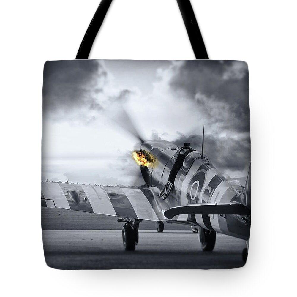 Spitfire Tote Bag featuring the photograph Spitfire AB910 Spitting Fire by Airpower Art