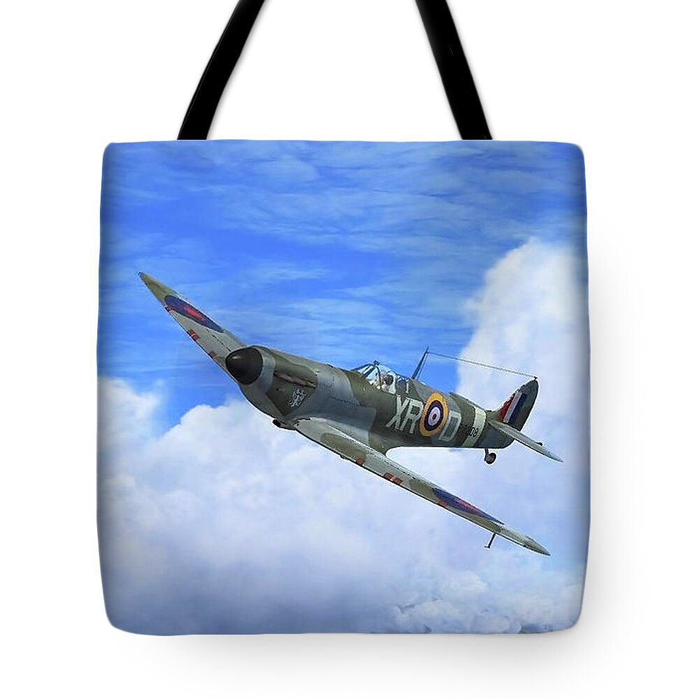 Aviation Tote Bag featuring the digital art Spitfire Airborne by Harold Zimmer
