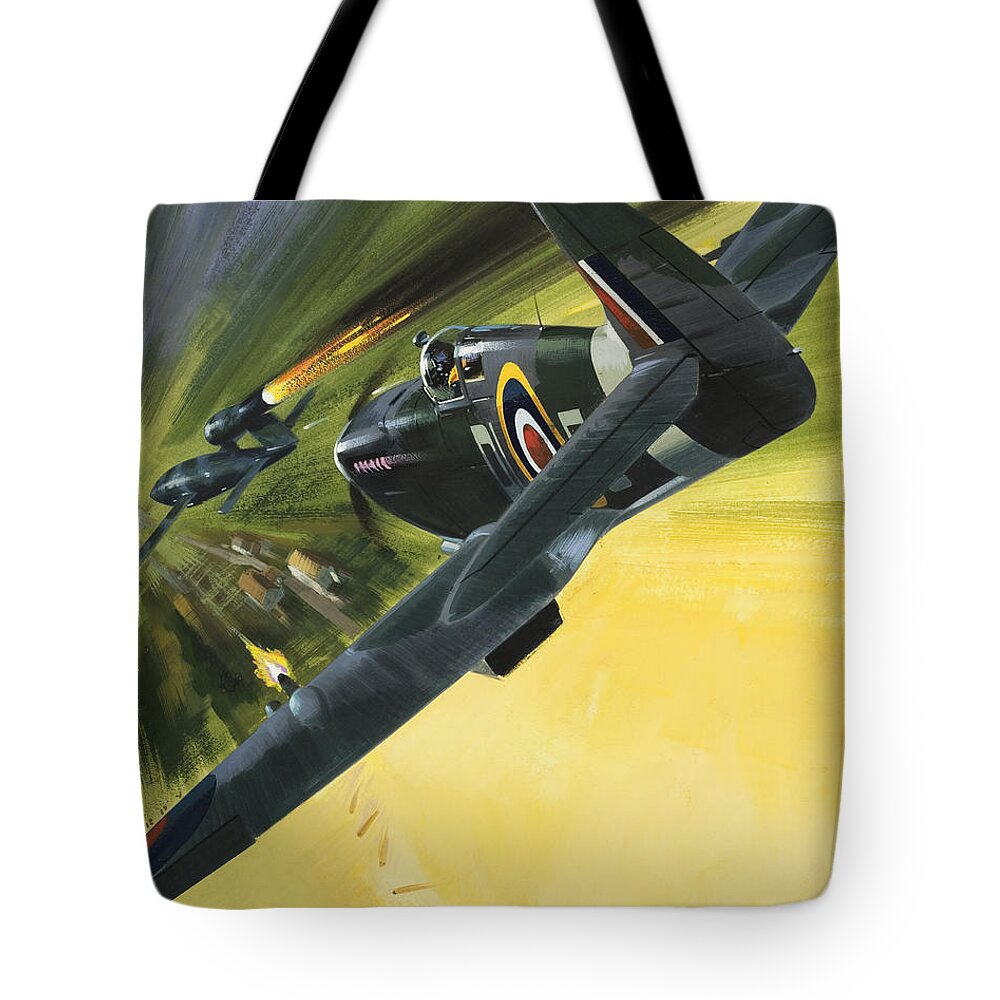 Spitfire And Doodle Bug Tote Bag featuring the painting Spitfire and Doodle Bug by Wilf Hardy