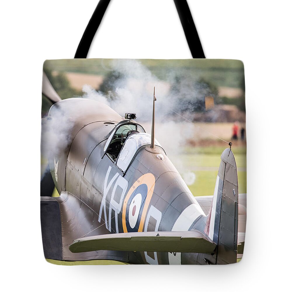 71 (eagle) Squadron Tote Bag featuring the photograph Spitfire engine start smoke rings by Gary Eason