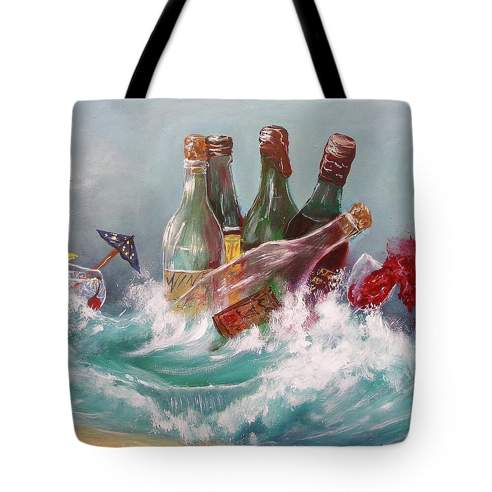 Splattered Wine Bottle Alcohol Drink Red Wave Ocean Water Abstract Painting Print Splash Seascape White Acrylic Swimming Wine Cold Tote Bag featuring the painting Splattered Wine by Miroslaw Chelchowski