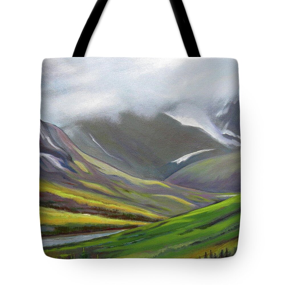 Alaska Tote Bag featuring the painting Mountain Valley in Alaska Oil Painting, Splendor by Shirley Galbrecht