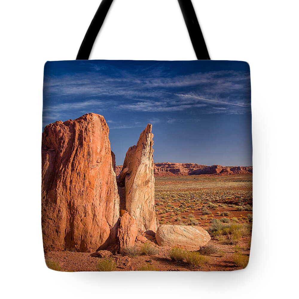 Utah Tote Bag featuring the photograph Split Boulder at Valley of the Gods, by Rikk Flohr