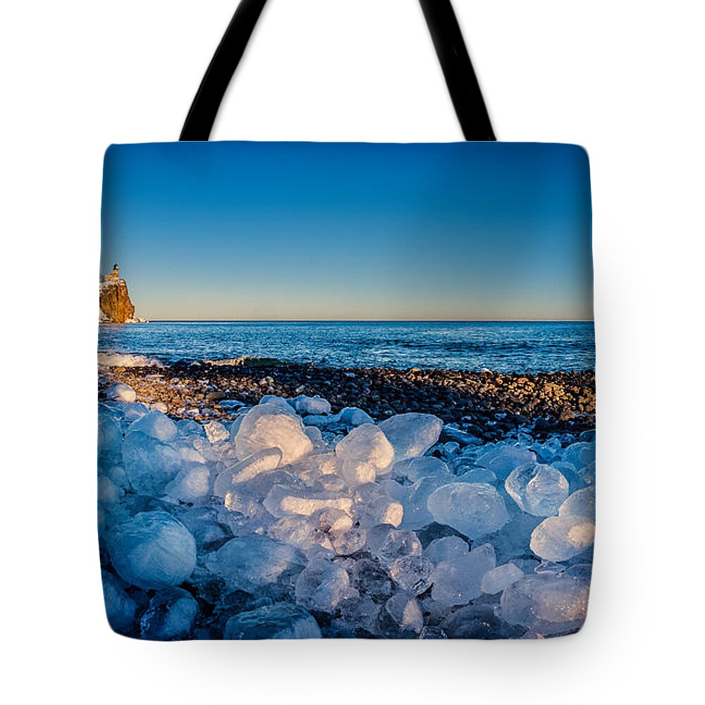 Ice Tote Bag featuring the photograph Split Rock Lighthouse with Ice Balls by Rikk Flohr