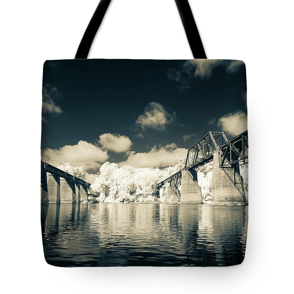 Rr Tote Bag featuring the photograph Congaree River Trestles Infrared-Split Tone by Charles Hite