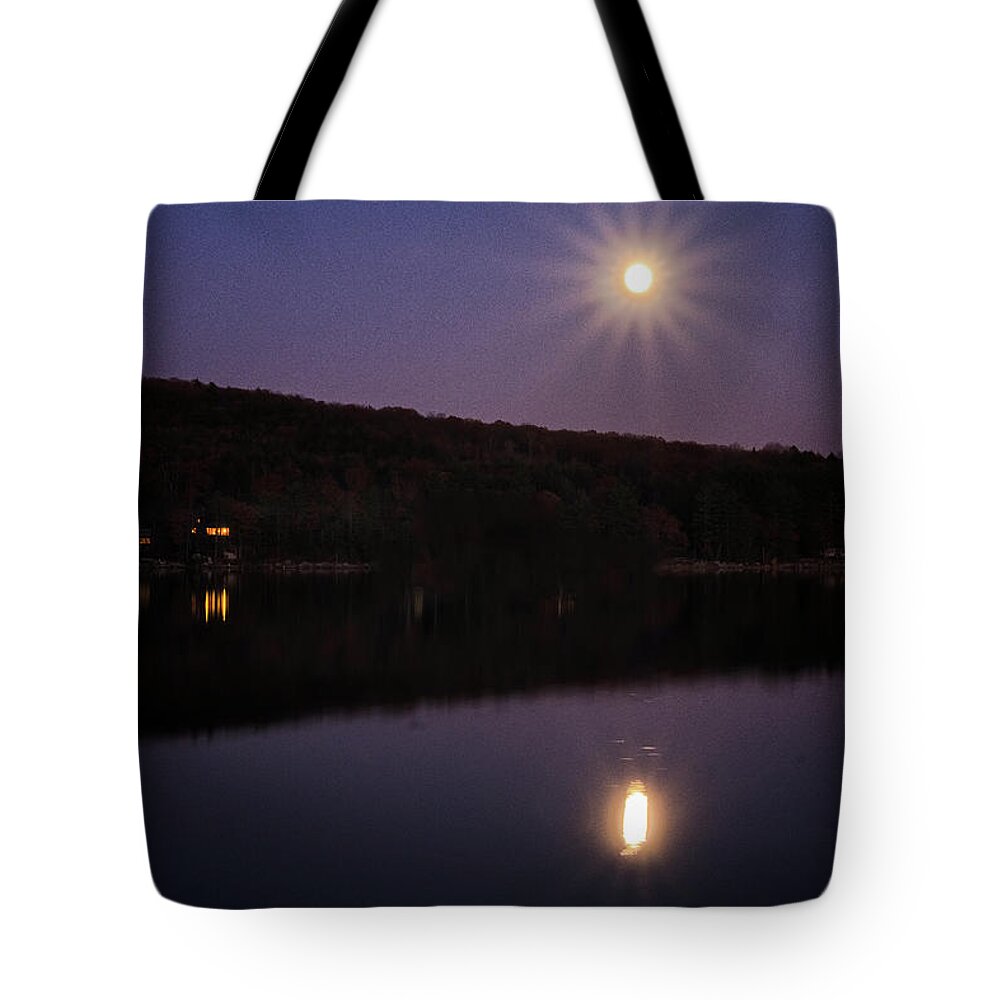 Spofford Lake New Hampshire Tote Bag featuring the photograph Spofford Super Moon by Tom Singleton