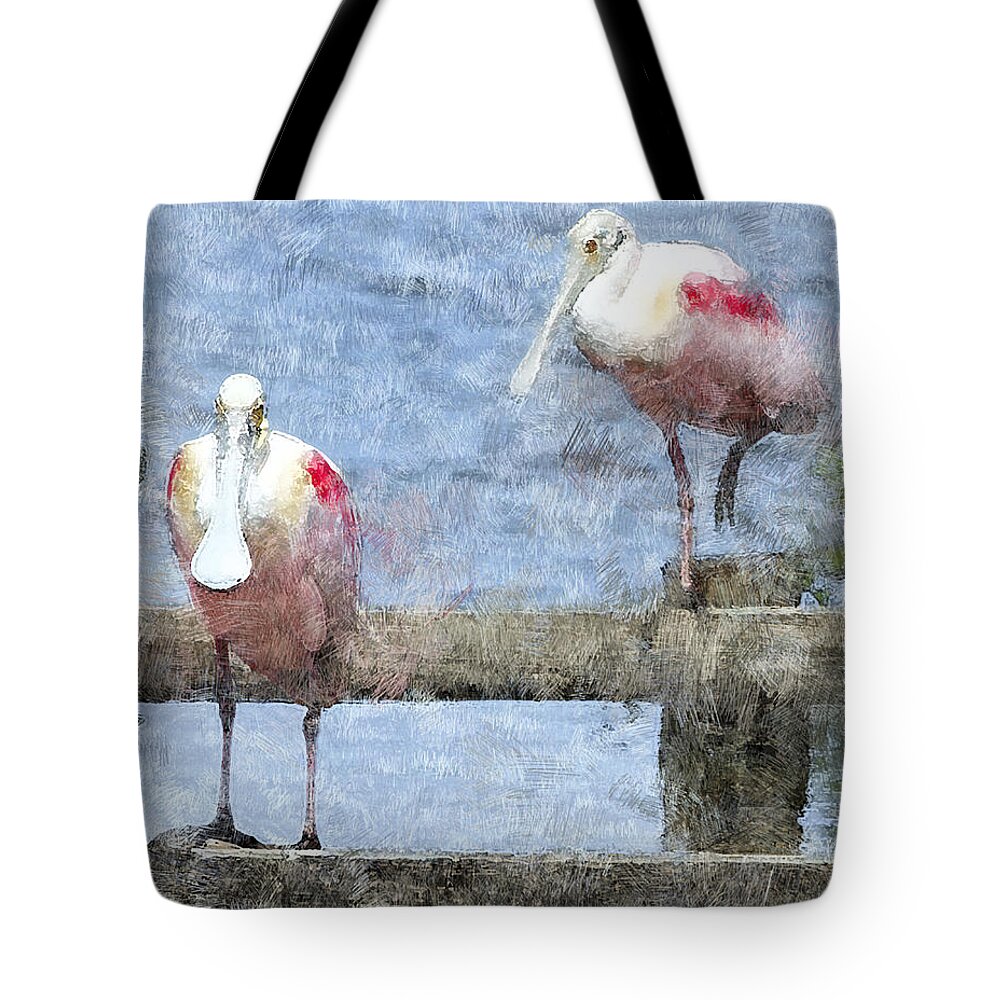 Roseate Spoonbill Tote Bag featuring the photograph Spoonbills Hanging Out by Betty LaRue