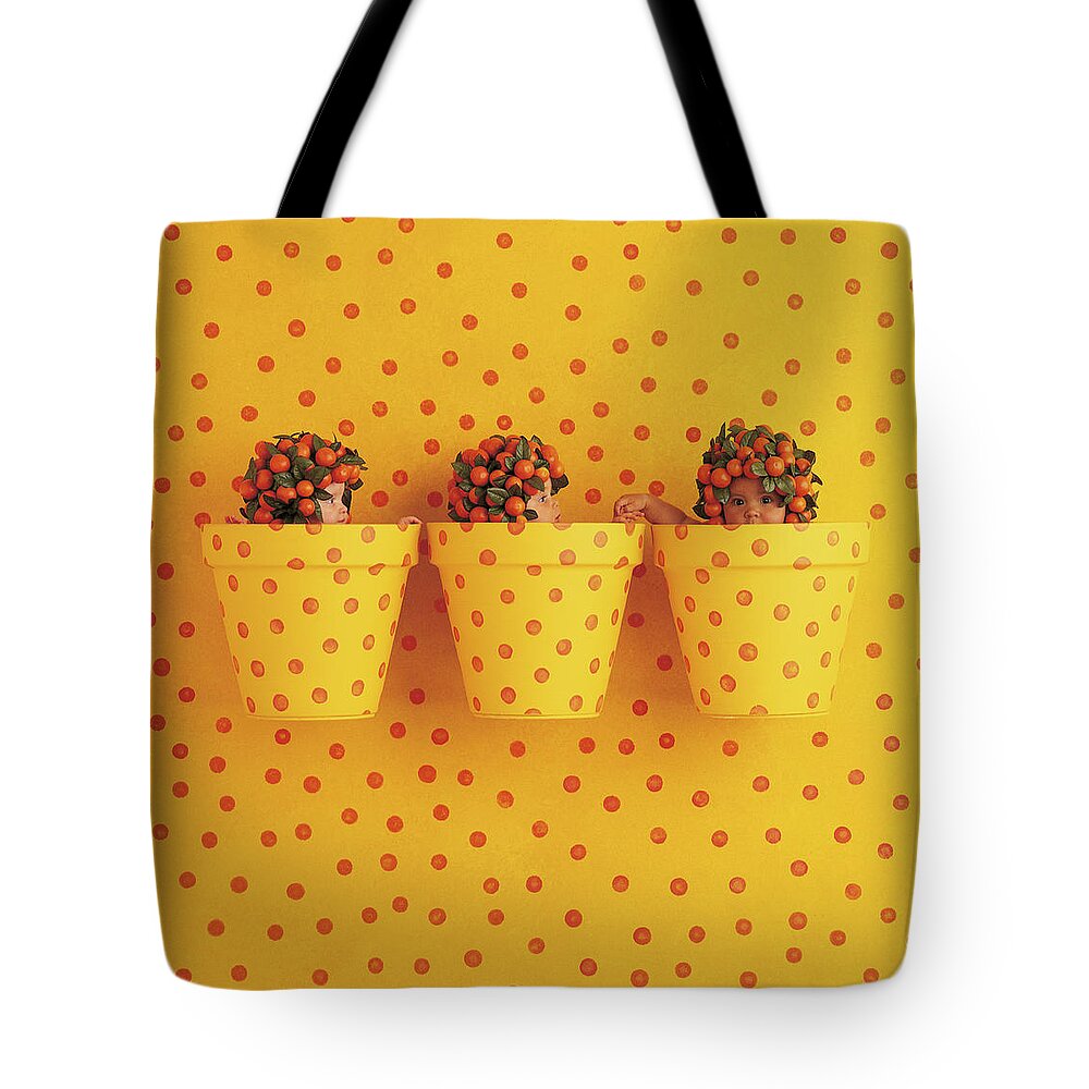 Orange Tote Bag featuring the photograph Spotted Pots by Anne Geddes