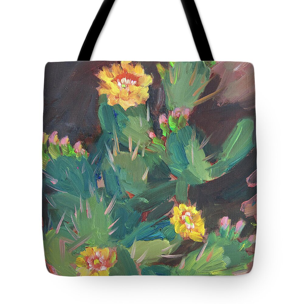 Desert Tote Bag featuring the painting Spring and Prickly Pear Cactus by Diane McClary