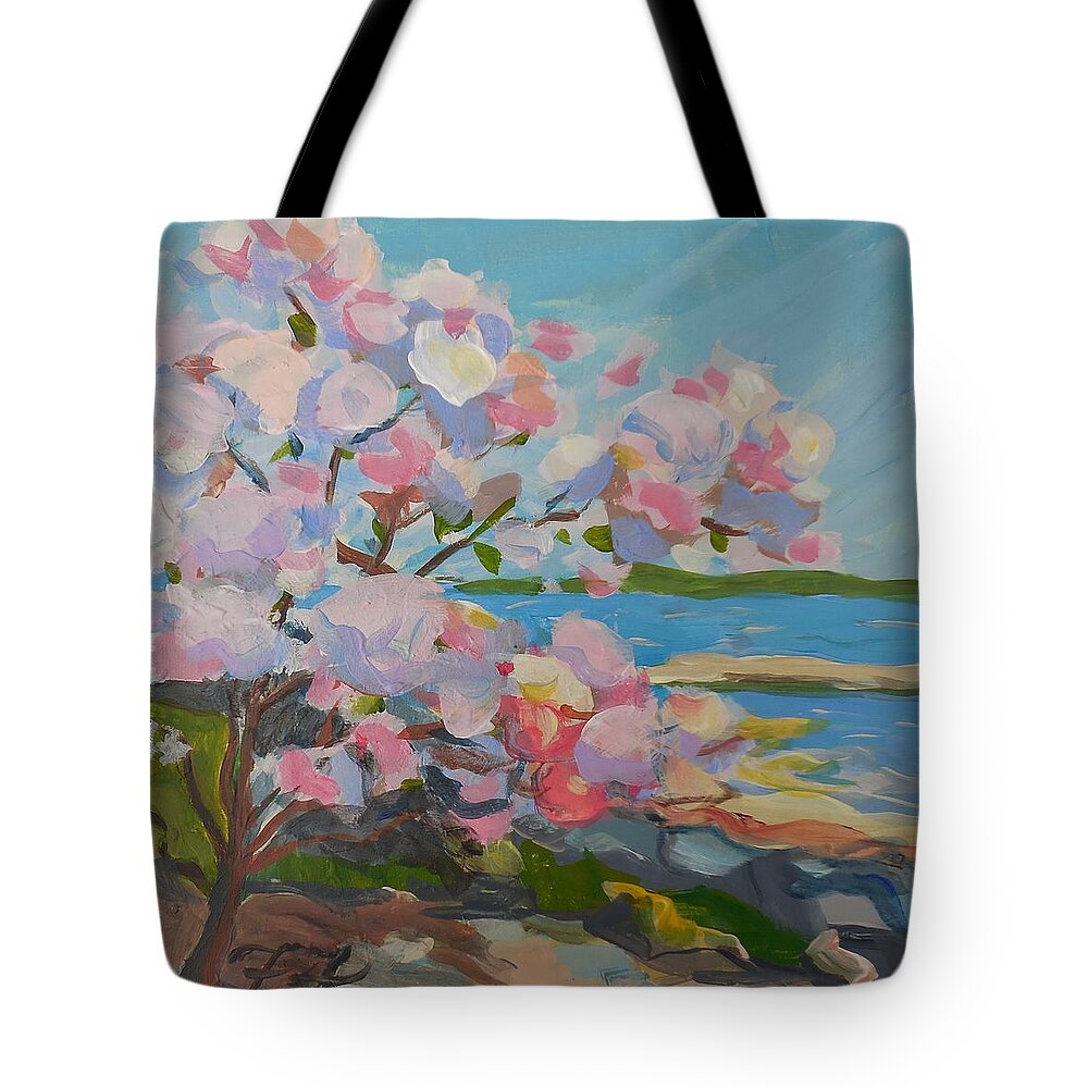 Landscape Tote Bag featuring the painting Spring Blooms by Sea by Francine Frank