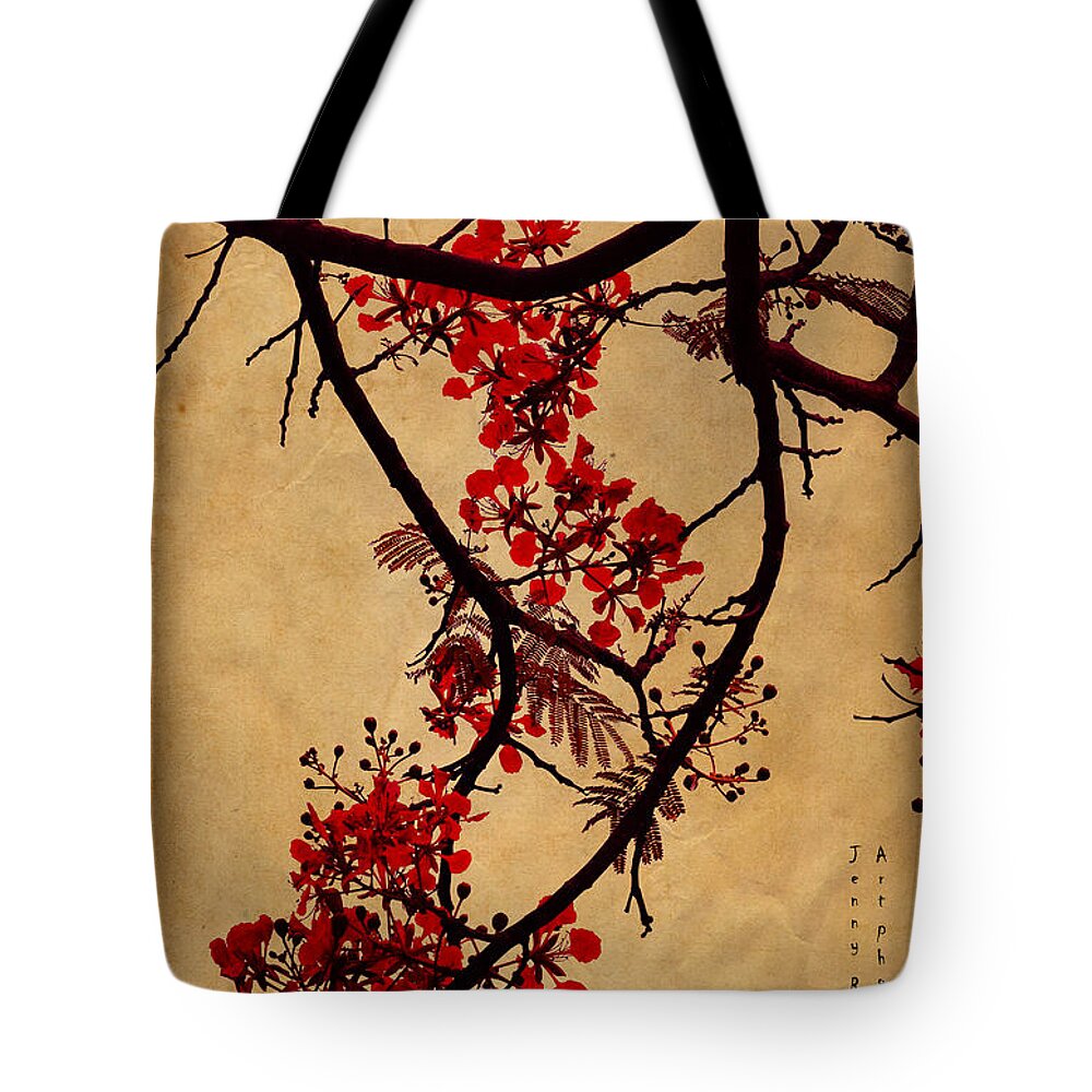 Spring Tote Bag featuring the photograph Spring Bloosom in Maldives. Flamboyant Tree I. Japanese Style by Jenny Rainbow