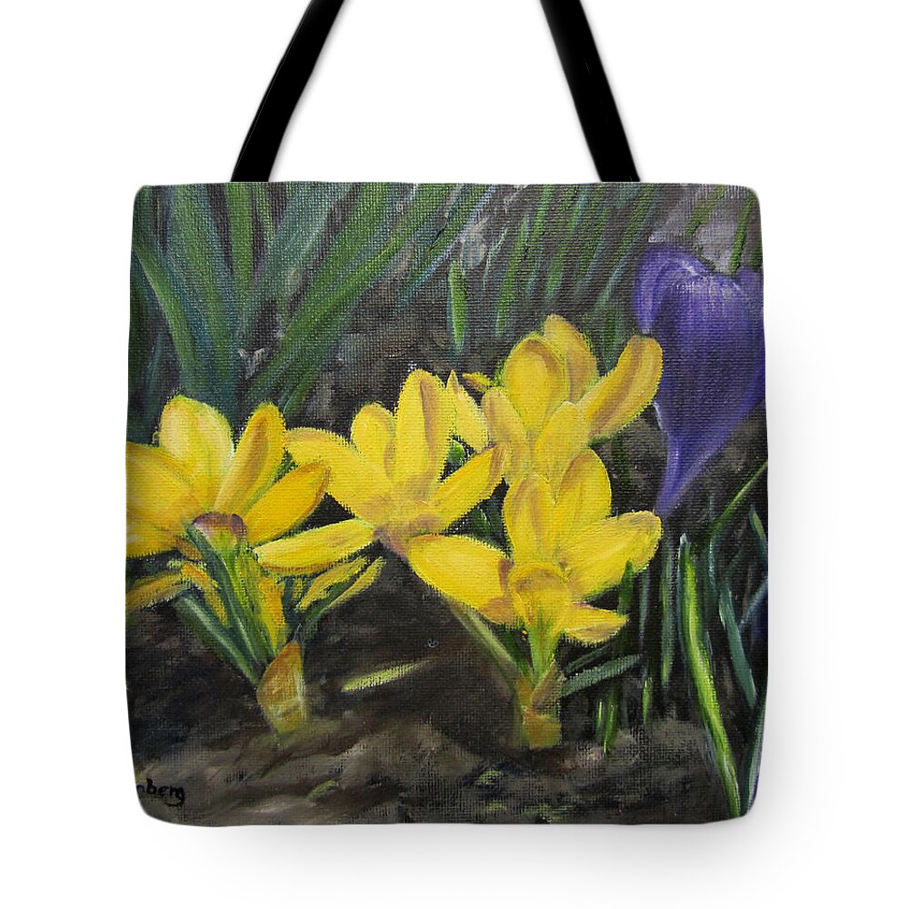 Crocus Tote Bag featuring the painting Spring crocuses by Linda Feinberg