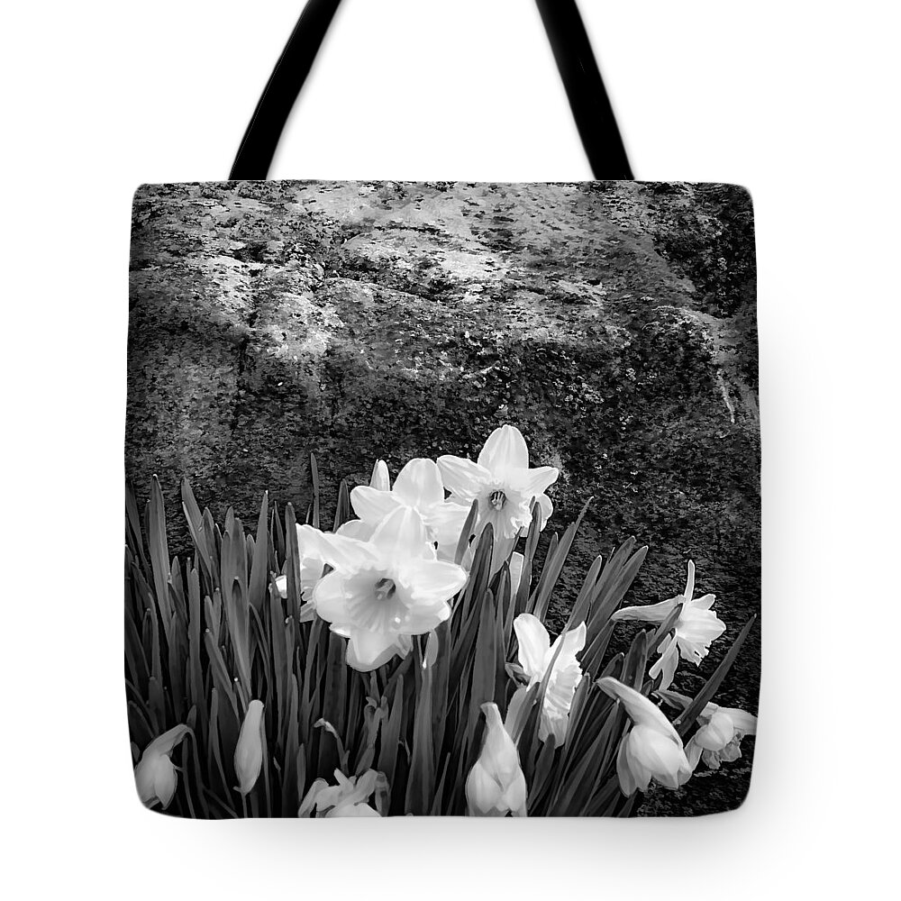 Spring Flowers And Lichen Covered Boulder - B/w 1c Tote Bag featuring the photograph Spring Flowers and Lichen covered Boulder - b/w 1c by Greg Jackson