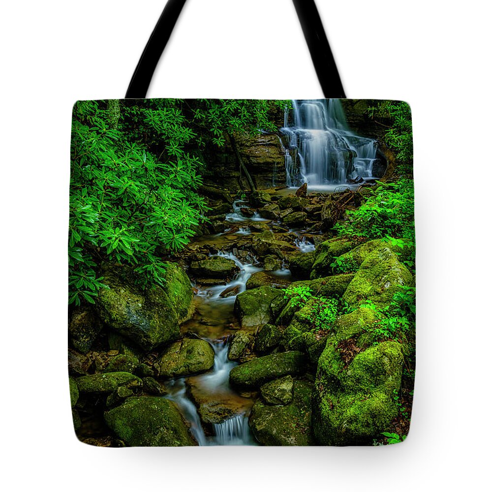Waterfall Tote Bag featuring the photograph Spring Green Waterfall and Rhododendron by Thomas R Fletcher