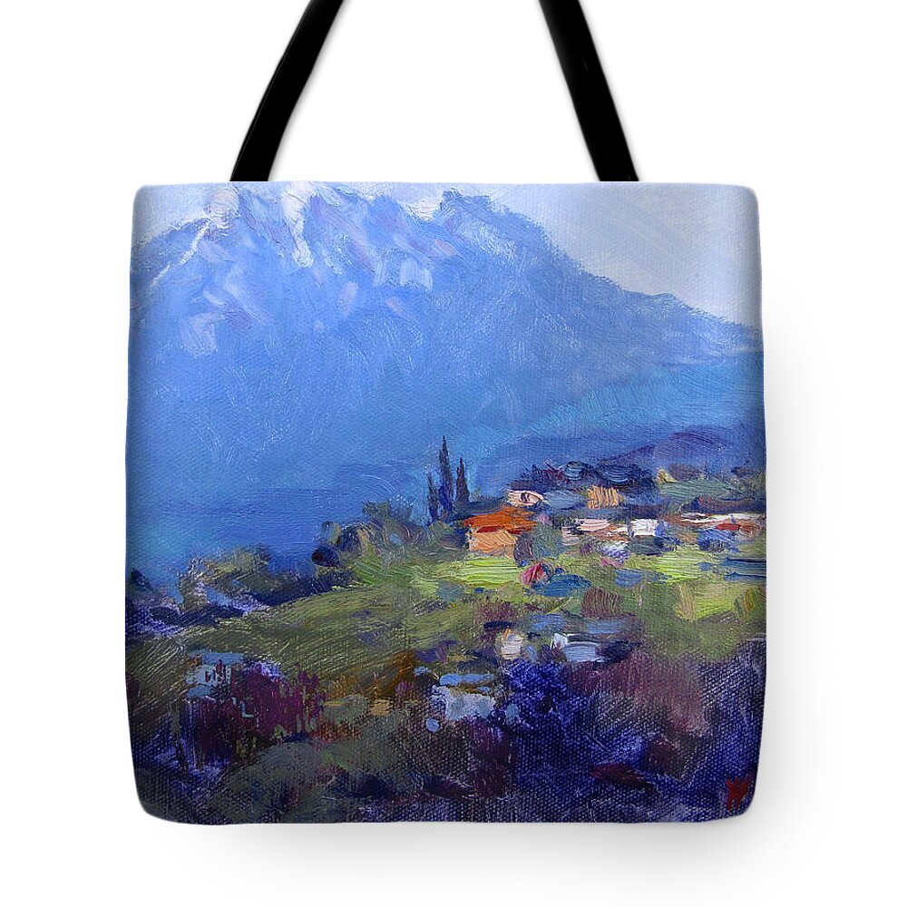 Tomorry Mountain Tote Bag featuring the painting Spring in Harunas Village by Ylli Haruni