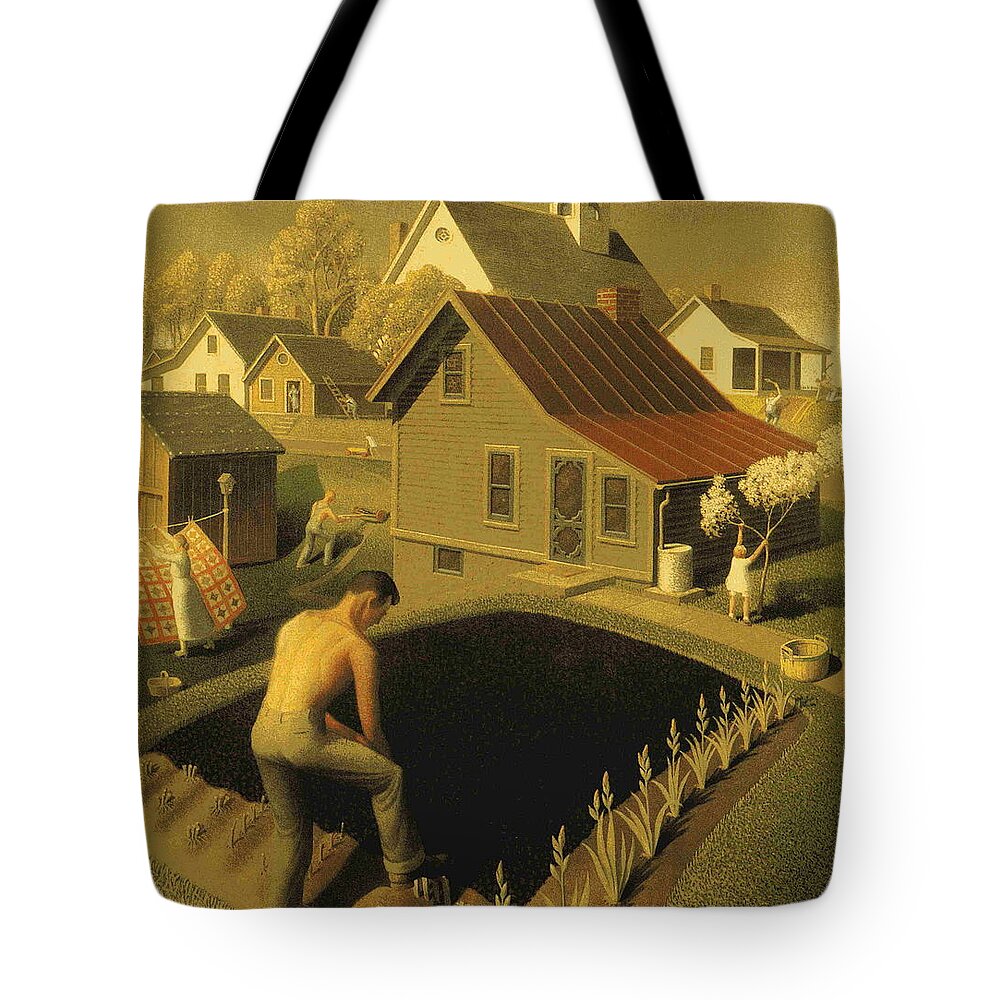 Spring In Town - Grant Wood Tote Bag featuring the painting Spring In Town by MotionAge Designs