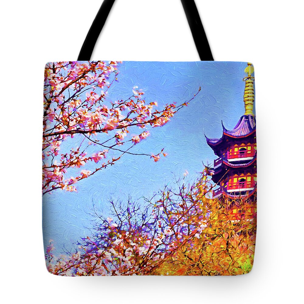 Photo Art Paintings Tote Bag featuring the digital art Spring Pagoda by Dennis Cox