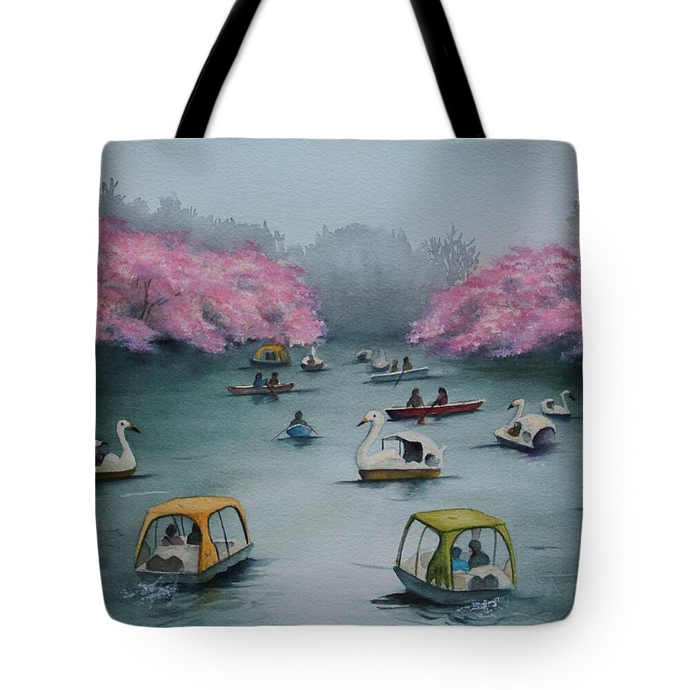 Sakura Tote Bag featuring the painting Springtime Fun at Inokashira by Kelly Miyuki Kimura
