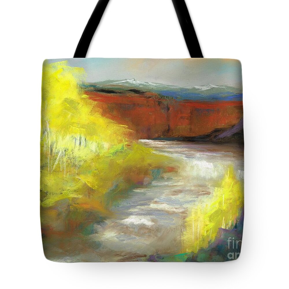 Landscapes Tote Bag featuring the painting Springtime in the Rockies by Frances Marino