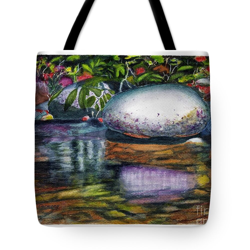 Rocks Tote Bag featuring the painting Reflections by Sue Carmony