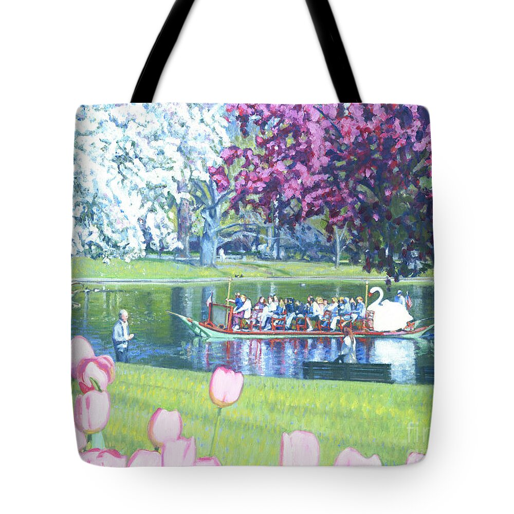 Swan Boat Tote Bag featuring the painting Springtime Swan Ride by Candace Lovely