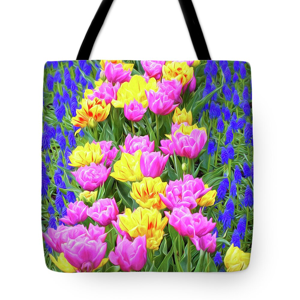 Tulips Tote Bag featuring the mixed media Springtime Tulips 01 Painterly Effect by Carol Leigh