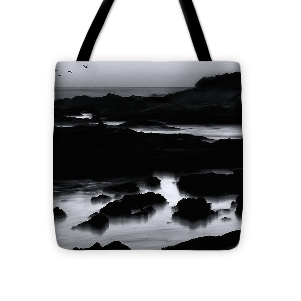Pelicans Tote Bag featuring the photograph Squadron of Pelicans At Dusk by Lawrence Knutsson