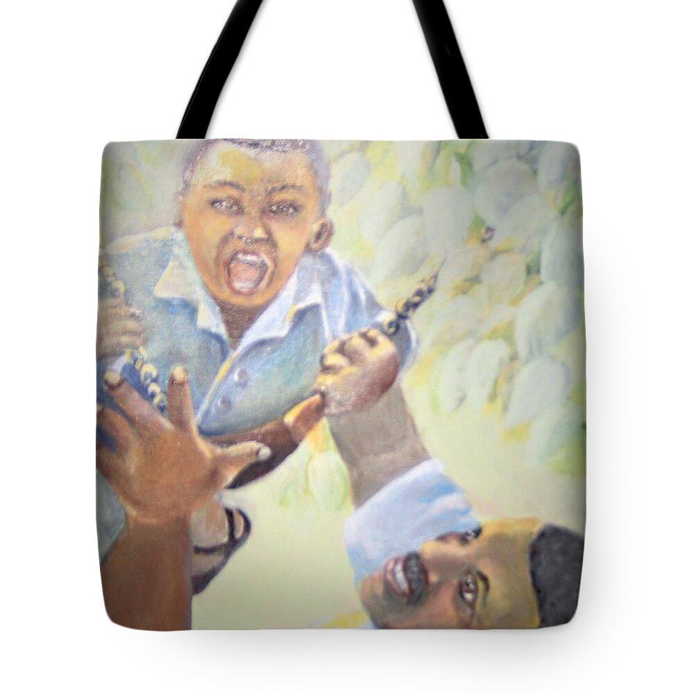 African-american Tote Bag featuring the painting Squeals of Joy by Saundra Johnson