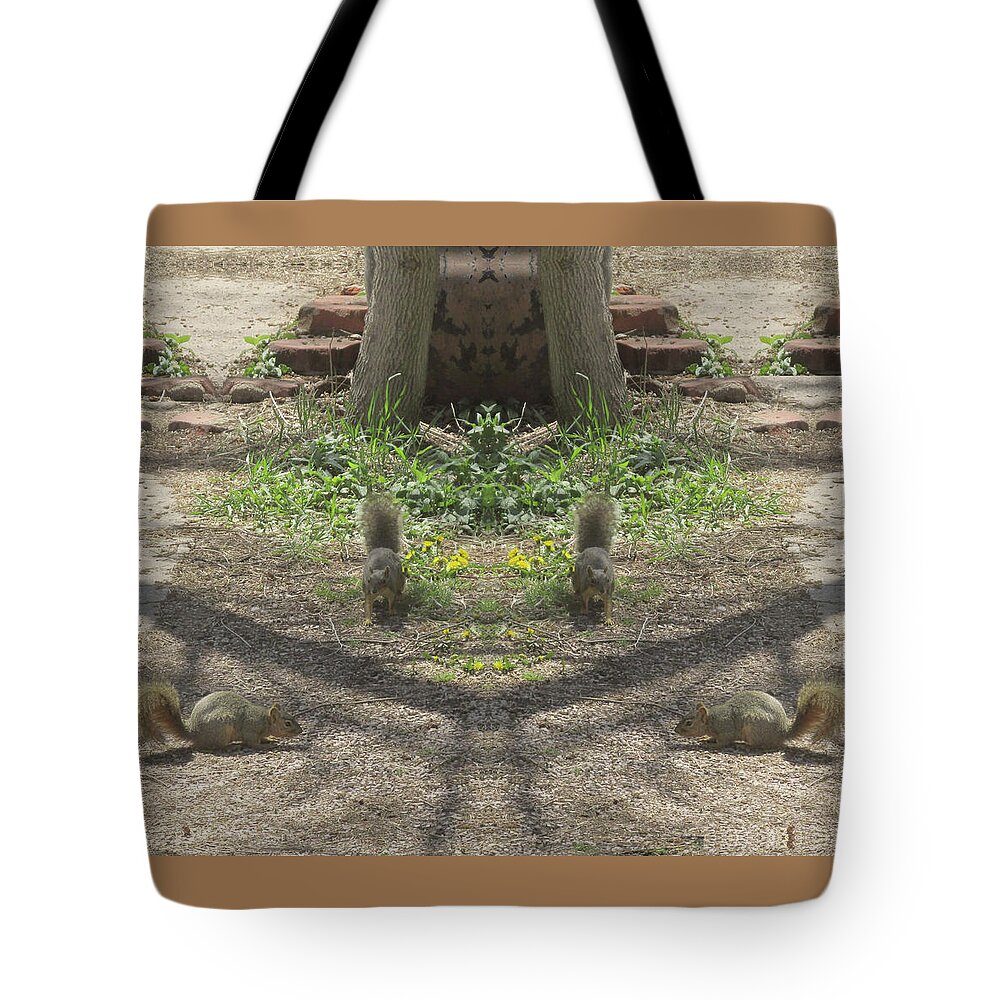 Squirrels Tote Bag featuring the digital art Squirrel Buddies Searching for Acorns by Julia L Wright