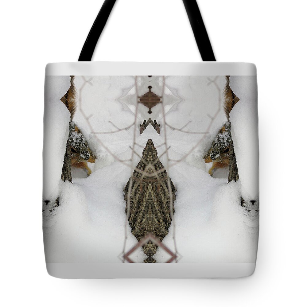 Squirrels Tote Bag featuring the digital art Squirrel Faces Peeking Out from a Snowy Den in Manitou Colorado by Julia L Wright