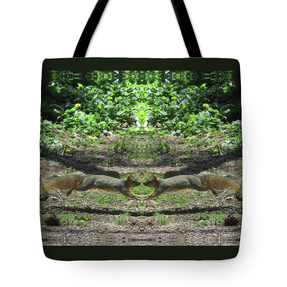 Squirrels Tote Bag featuring the digital art Squirrels Coming Together for a Kiss by Julia L Wright